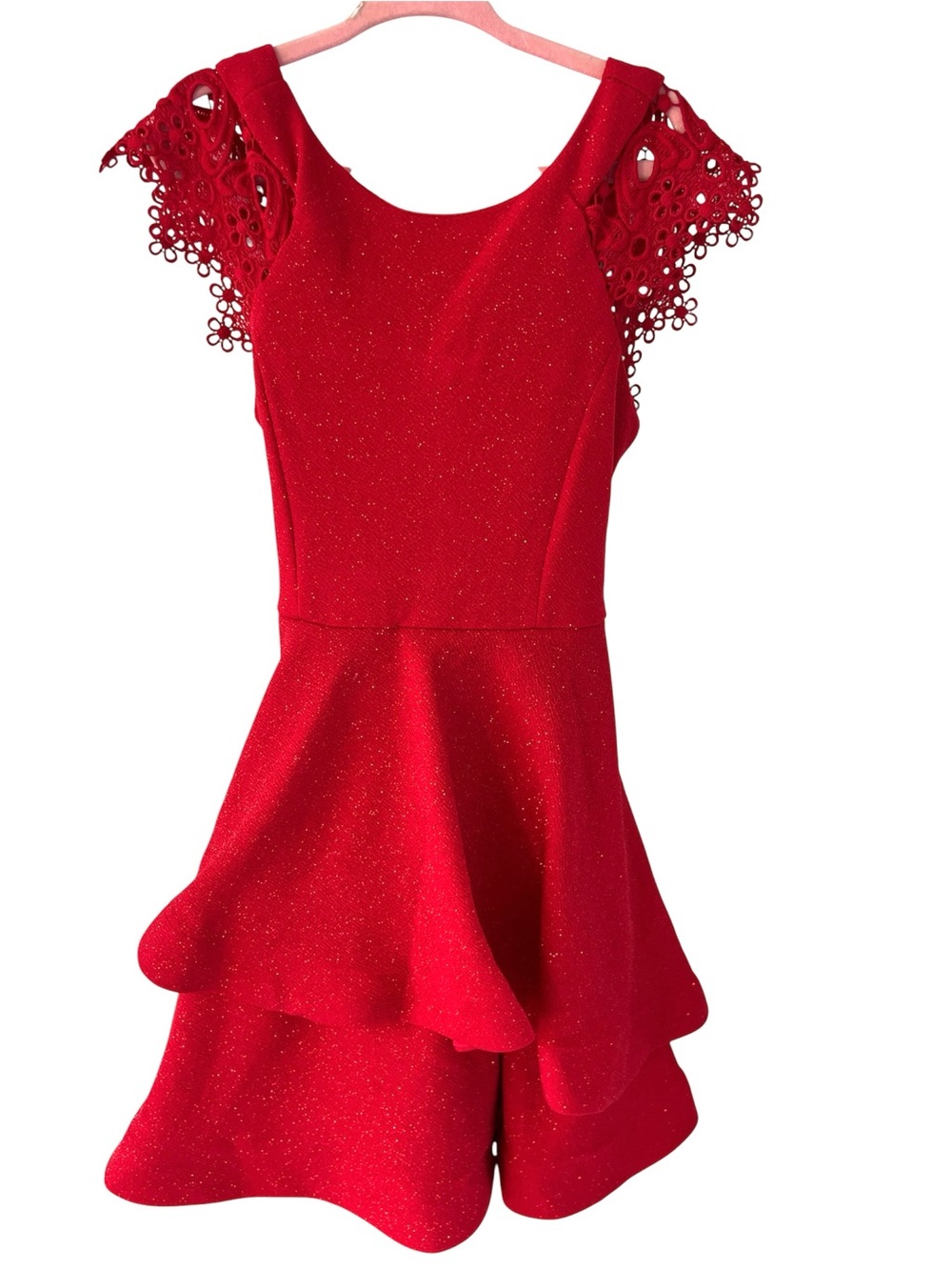 Bonnie Jean Red Glitter Lace Sleeve Tiered Party Dress Sparkly Twirl Dress